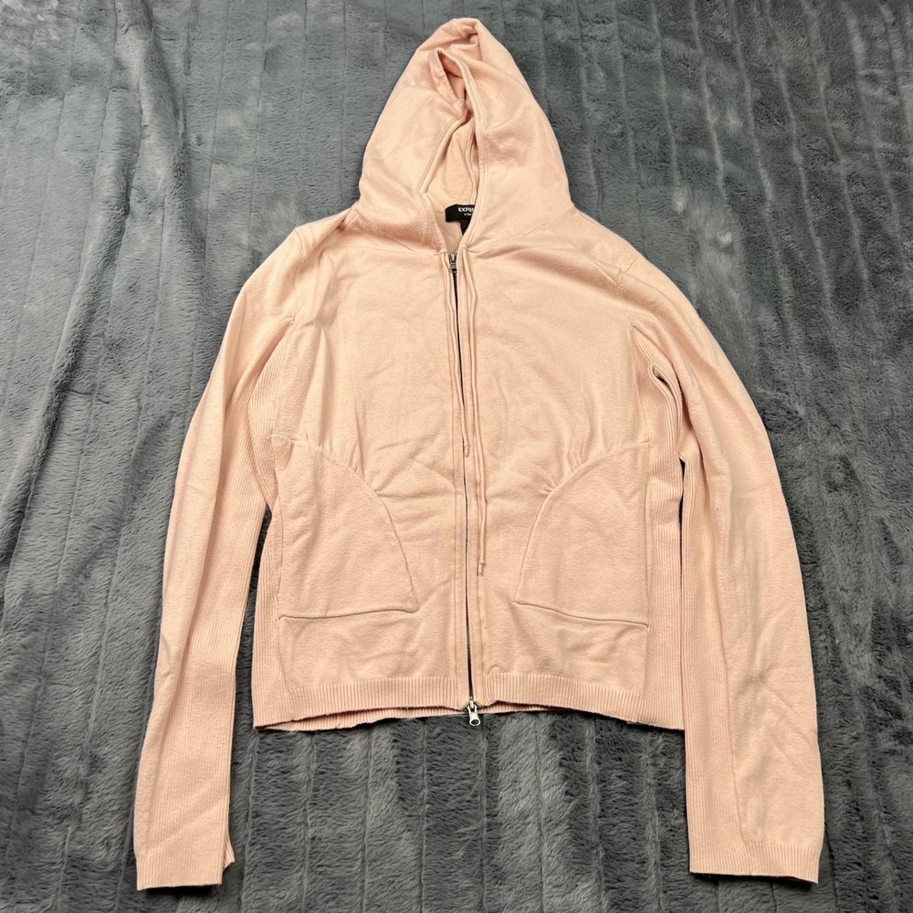 Express Hoodie Womens L Pink Full Zip Hooded Lightweight Stretch Knit Slim
